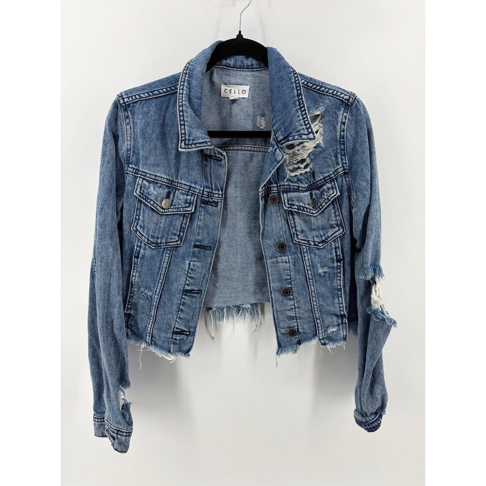 Cello Distressed Denim Jacket, Frayed Hem Cropped Grunge Shabby Chic, Size S
